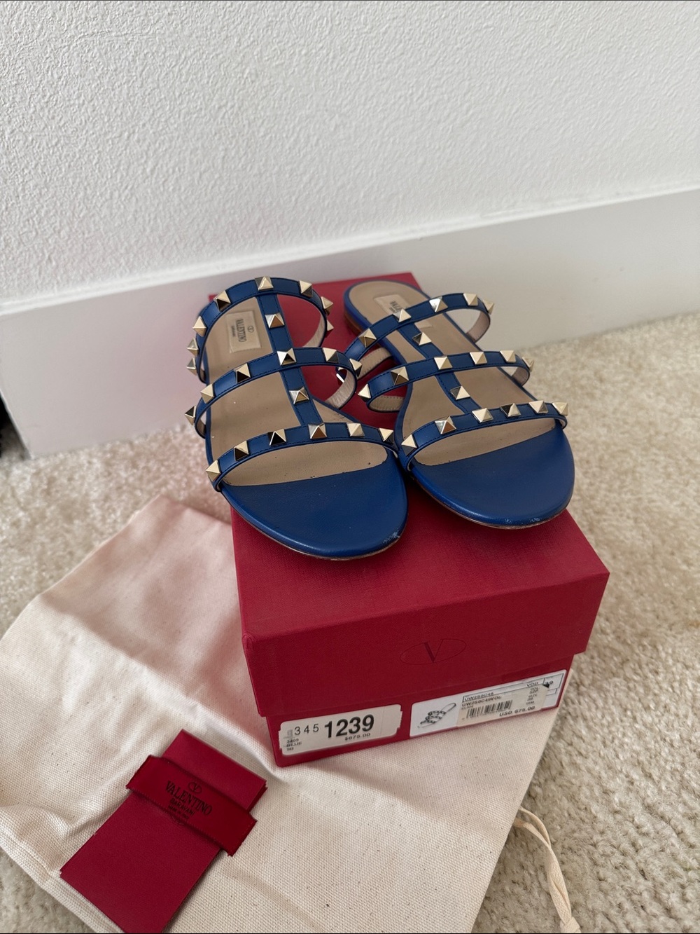 Valentino Garavani Blue Studded Leather Slide Sandals